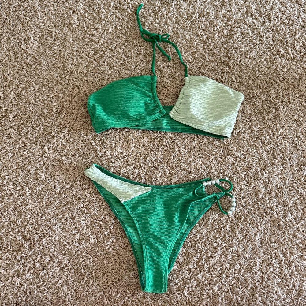 SHEIN Green and White Bikini Set